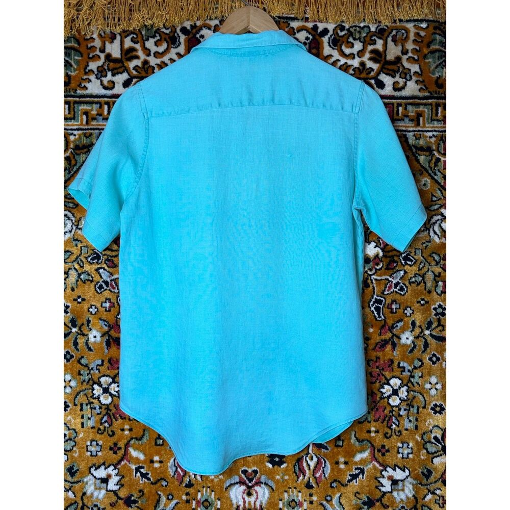 90s Vintage Lands' End Turquoise Linen Short Sleeve Shirt Women's Size 10 - Picture 5 of 7